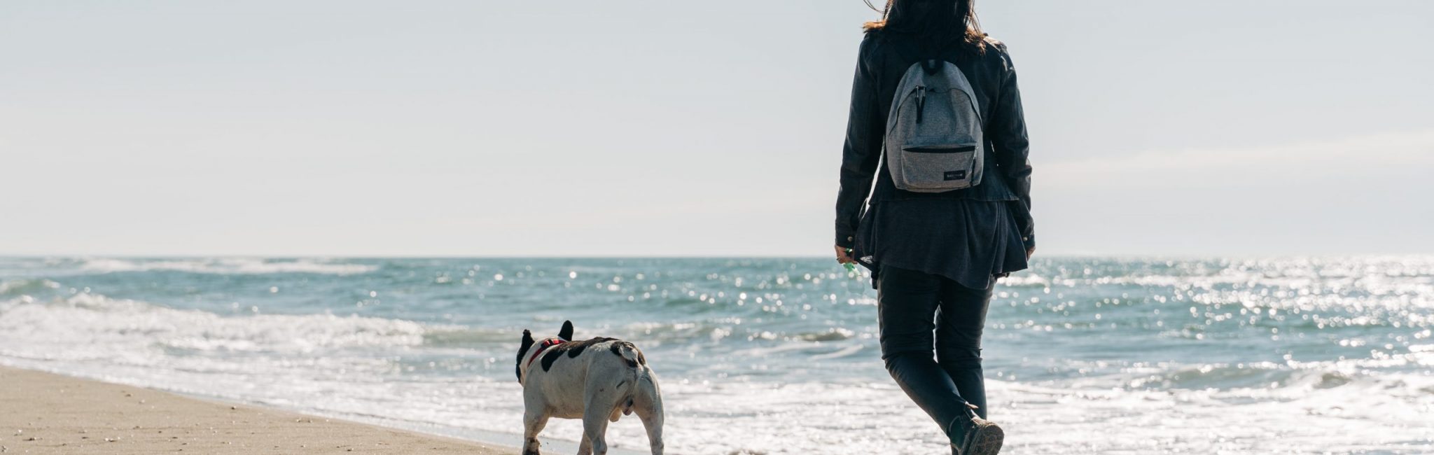 Woman walking along the beach with her French bulldog